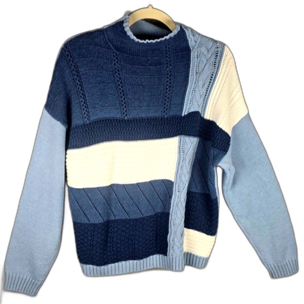 Chaps Colorblock Crew Neck Sweater XL Blue Cream Cotton Preppy Pullover